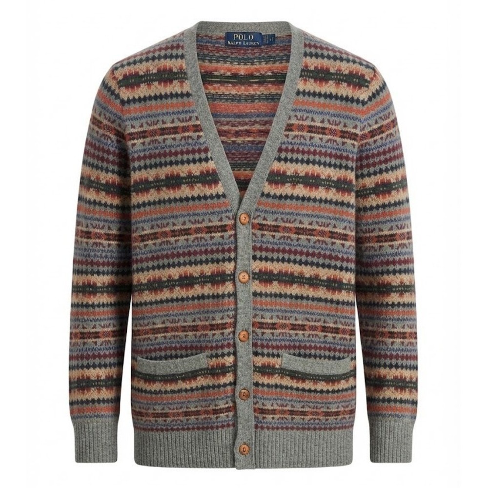 Polo Ralph Lauren Mens Large Merino Lambswool Fair Isle Cardigan Sweater - AC